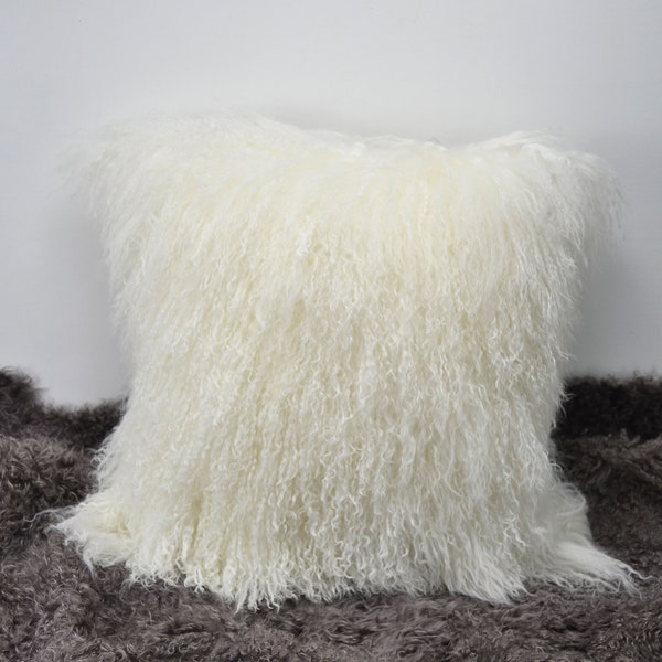 Oreiller en fourrure d’agneau tibétain 20 « x 20 » Housse Coussin d’oreiller en peau de mouton mongol - Blanc naturel -20 « x 20 » ( 50cm x 50cm )