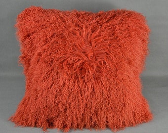 24"x 24" Tibetan lamb fur pillow Cover Mongolian sheepskin pillow cushion - Orange -24"x 24"  (60cm x60cm)