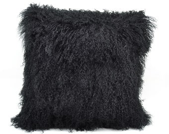 Funda de almohada de piel de cordero mongol negro - Cojín mullido y decorativo (40,6 x 40,6 cm)