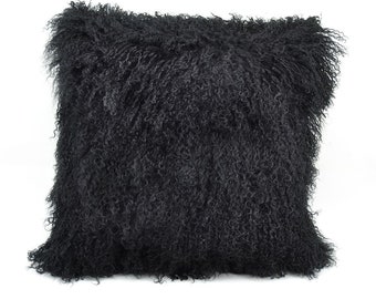 Oreiller en fourrure d’agneau tibétain 20 « x 20 » Housse Coussin d’oreiller en peau de mouton mongol - Noir -20 « x 20 » (50cmx50cm)