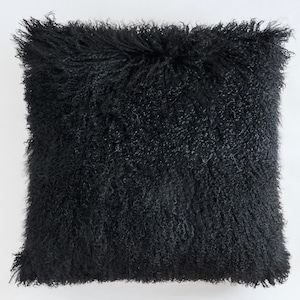 Black Mongolian Lamb Fur Pillow Cover - 22&quot; Square Cushion