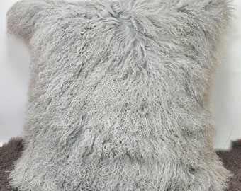 Oversize Tibetan lamb fur pillow Cover Mongolian sheepskin pillow cushion -  Light Grey -26"x 26"(65cmx65cm)