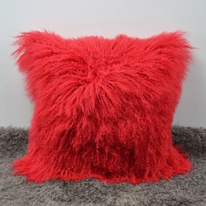 Red Tibetan Lamb Fur Pillow Cover: Mongolian Sheepskin Cushion (18&quot; x 18&quot;)