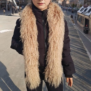 Real Tibetan / Mongolian lamb fur Scarf - Dark Beige 55&quot; long