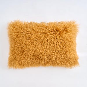 Mongolian lamb fur pillow cover, Tibetan lamb fur pillow cover  - Curcumin Yellow -12&quot;x 20&quot;