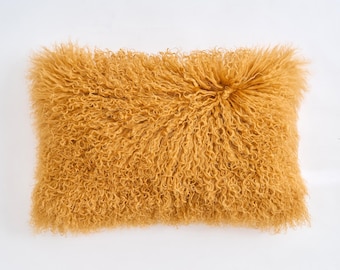 Mongolian lamb fur pillow cover, Tibetan lamb fur pillow cover  - Curcumin Yellow -12&quot;x 20&quot;
