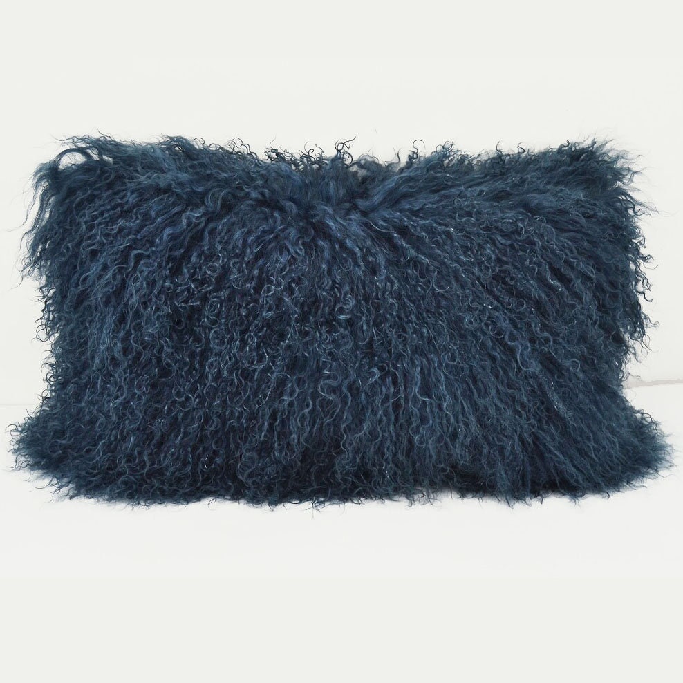 Tibetan Lamb Fur Pillow Cover Mongolian Lamb Fur Pillow Dark Blue