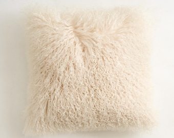 Beige Mongolian Lamb Fur Pillow Cover: Fluffy Accent Cushion (18"x18")