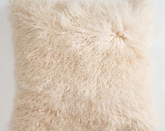 Fodera per cuscino in pelliccia di agnello mongolo beige: soffice cuscino decorativo (50,8 x 50,8 cm)