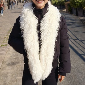 Real Tibetan / Mongolian lamb fur Scarf - Natural White 55&quot; long