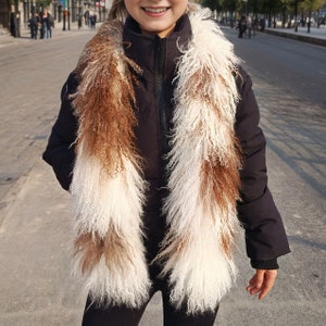 Real Tibetan / Mongolian lamb fur Scarf - Natural White with dark spots 55&quot; long