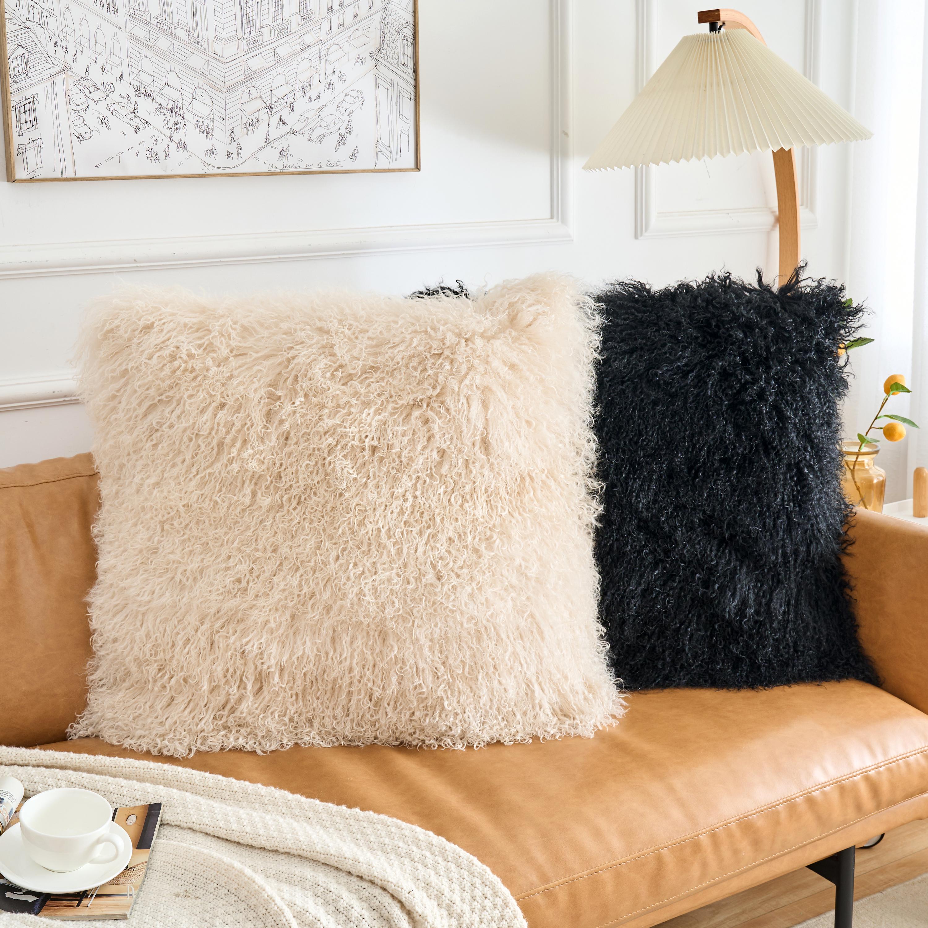 特大モンゴル産ラムファー枕カバー：ベージュチベット産シープスキン