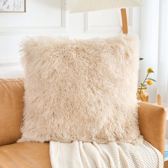 特大モンゴル産ラムファー枕カバー：ベージュチベット産シープ