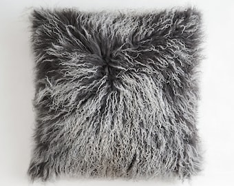 Mongolian Lamb Fur Pillow Cover - Gray Curly Sheepskin Cushion - Soft Decorative Throw Pillow