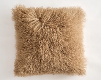Mongolian Lamb Fur Pillow Cover: Dark Beige Tibetan Sheepskin, 18"x18"