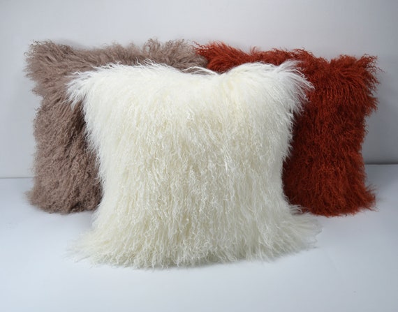 Ivory White Mongolian Lamb Fur Pillow / Cushion