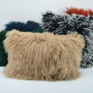 Tibetan lamb fur pillow Cover Mongolian lamb fur pillow Dark Beige 12x 20 30cm x 50cm image 2