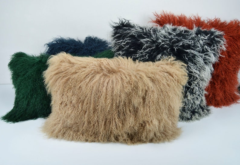 Tibetan lamb fur pillow Cover Mongolian lamb fur pillow Dark Beige 12x 20 30cm x 50cm image 2