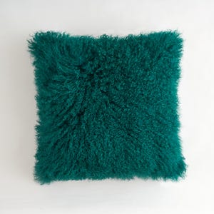 Teal Tibetan Lamb Fur Pillow Cover: Mongolian Sheepskin Cushion (20&quot;x20&quot;)