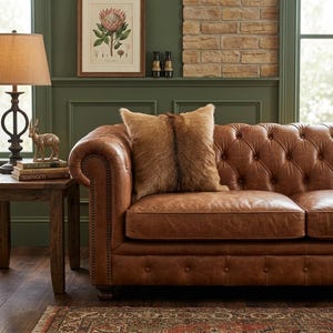 May include: A brown leather Chesterfield sofa with a buttoned back and scrolled arms. A decorative cushion with a brown and black fur pattern sits on the sofa. A wooden side table with a lamp and books is to the left.