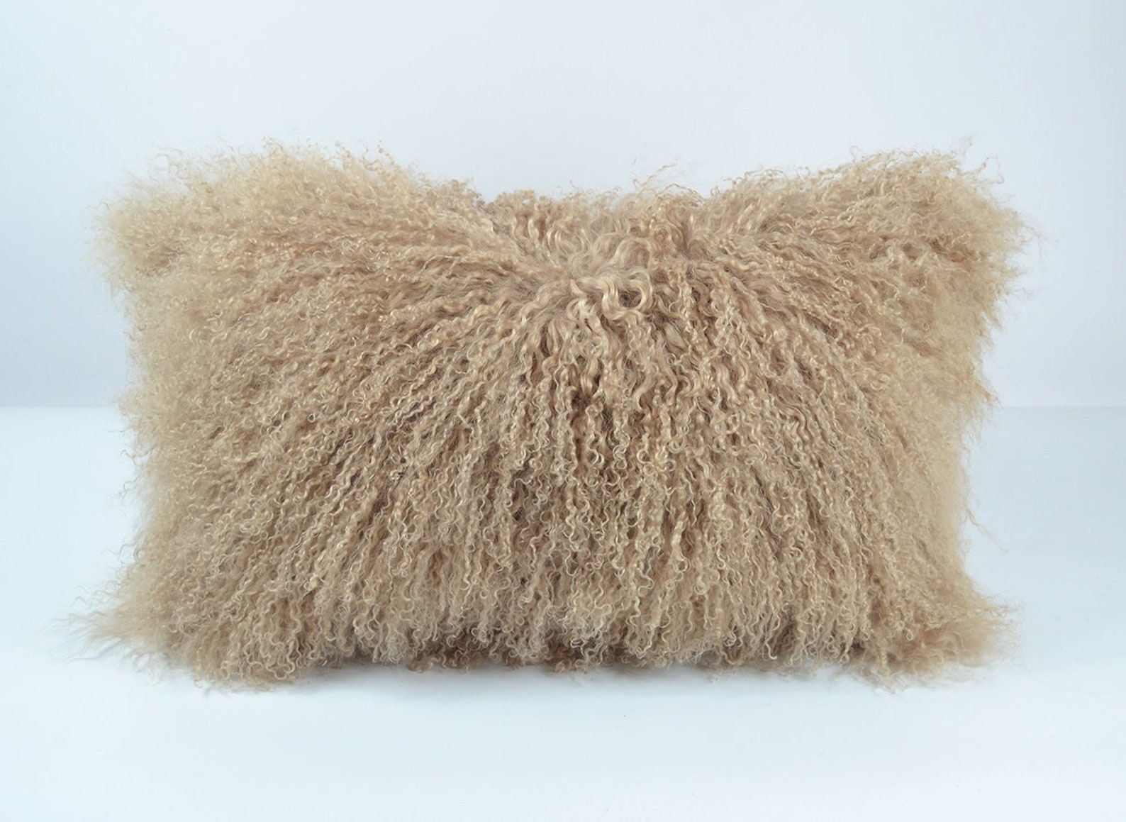 Mongolian Lamb Fur Pillow Cover: Dark Beige Fluffy Cushion (12"x20") - Single Sided Fur, w/o insert