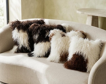 Mongolian Lamb Fur Pillow Natural Spotted Accent Pillow (16"x16")