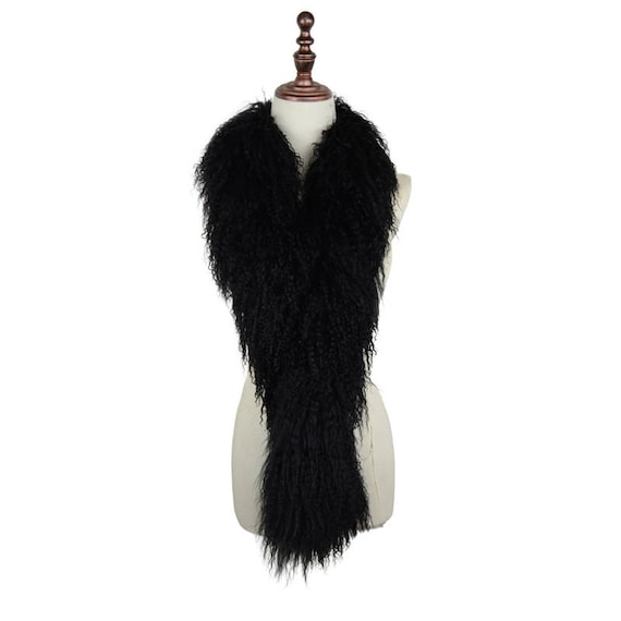 Mongolian Tibetan Lamb Fur Scarf Frosted Black