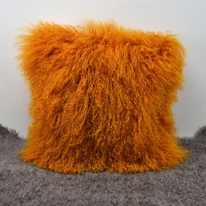 Curcumin Yellow  Mongolian Lamb Fur Pillow Cover – 18&quot;x18&quot; Tibetan Sheepskin Cushion – Luxurious Fluffy Decorative Accent for Sofa or Bed