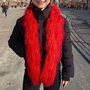 Real Tibetan / Mongolian lamb fur Scarf - Red 55&quot; long