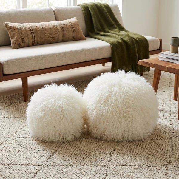Genuine Mongolian Lamb Fur Ball Pillow – Fluffy Round Cushion, Handmade Home Decor, Multiple Colors Available
