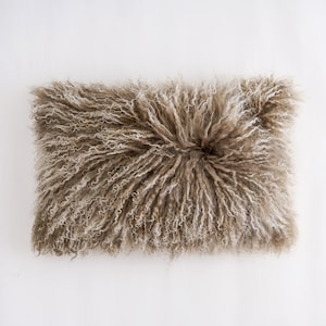 May include: A fluffy brown and white sheepskin throw pillow. The pillow is made of soft, long-haired fur and has a rectangular shape.
