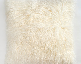 Federa per cuscino in pelliccia di agnello mongolo: morbida pelle di pecora bianca, stile boho chic (61 x 61 cm)