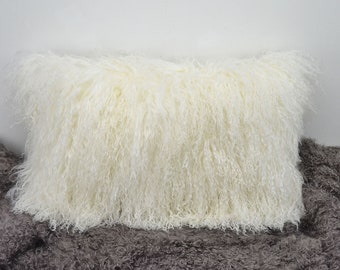 Tibetan lamb fur pillow Cover Mongolian lamb fur pillow -  Natural White -12"x 20" (30cm x 50cm)