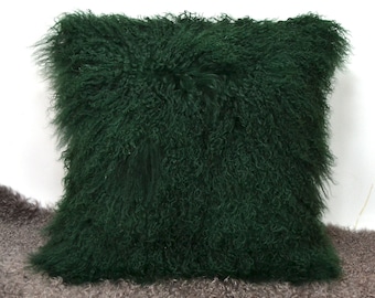 Tibetan lamb fur pillow Cover Mongolian sheepskin pillow cushion -  Vintage Green