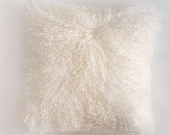 Fodera per cuscino in pelliccia di agnello mongolo bianco naturale: soffice cuscino in pelle di pecora (16x16)