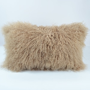 12"x20" Dark Beige Tips Mongolian Tibetan Lamb Fur Pillow Cover - Luxurious Fluffy Cushion for Sofa and Bed Decor