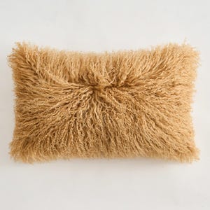 May include: A soft, fluffy, light brown throw pillow made of sheepskin.