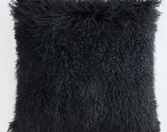 Funda de almohada extragrande de piel de cordero mongol: cojín de piel de oveja tibetana negra