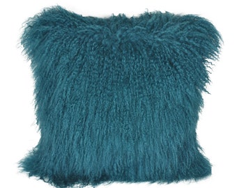 16"x16" Tibetan lamb fur pillow Cover Mongolian sheepskin pillow cushion -  Teal -16"x 16"