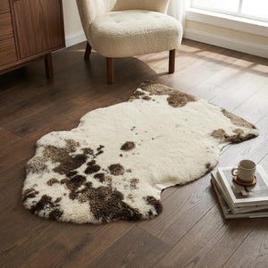 Puede incluir: Una alfombra de piel de oveja sintética con una forma orgánica irregular, una base de color crema y manchas de color marrón oscuro dispersas. La alfombra tiene un pelo grueso y texturizado que imita la apariencia de la piel animal.