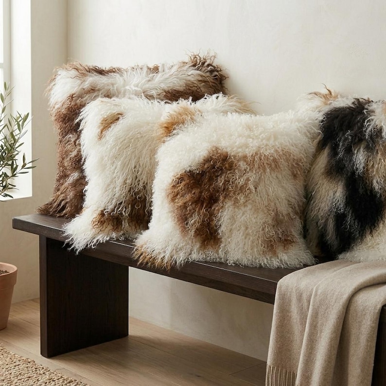May include: Four decorative throw pillows with shaggy, textured covers in shades of brown, white, and black rest on a dark wooden bench. The pillows have a fluffy, fur-like appearance, adding a cozy and inviting touch to the space.