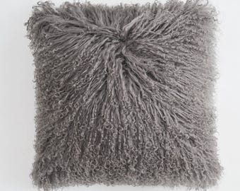 Smoky Grey Mongolian Lamb Fur Pillow Cover - Tibetan Sheepskin Cushion (16"x16")