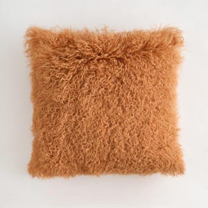 Curcumin Yellow Mongolian Lamb Fur Pillow Cover: 18&quot; Tibetan Sheepskin Cushion