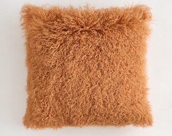 Curcumin Yellow Mongolian Lamb Fur Pillow Cover: 18" Tibetan Sheepskin Cushion