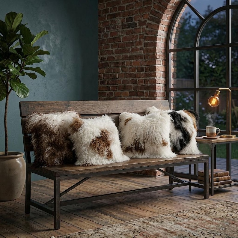 May include: A wooden bench with four fluffy decorative pillows. The pillows have a mix of white, brown, and black fur. A small side table with a lamp and a cup of coffee sits nearby. The background features a brick wall and a large window.