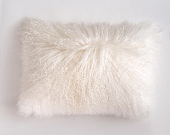 Mongolian lamb fur pillow Tibetan lamb fur pillow Cover  -  Natural White -12&quot;x 20&quot; (30cm x 50cm)