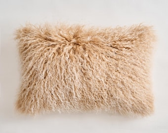 Frosted Beige Mongolian Lamb Fur Pillow Cover - 12"x20" Fluffy Cushion