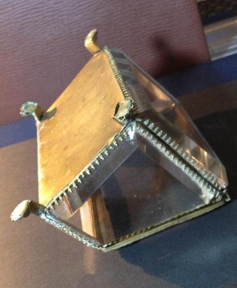 Antique Brass /& Glass Jewelry Trinket BoxThick Glass hexagonal Glass Edges
