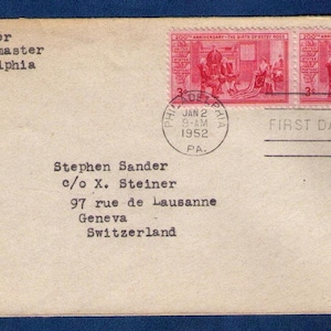 1952 FDC Sc #1004 Betsy Ross Stamp Vert.Pair Philadelpia To Switzerland Private Issue