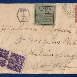 3.7.1933 GB SURREY England Cover To Sweden Xtra Stamps,Losen Labled VF